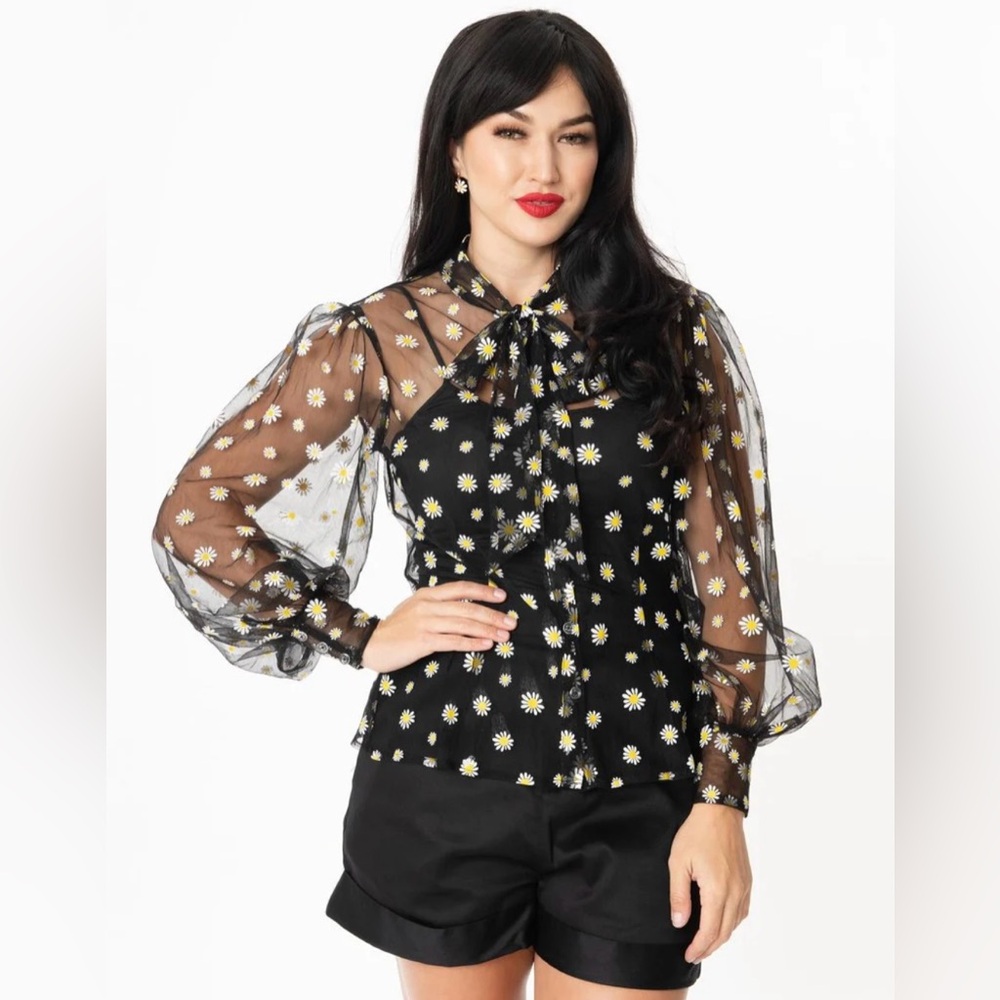 Plus size black unique vintage Daisy sheer long sleeve Gwen blouse 3X
